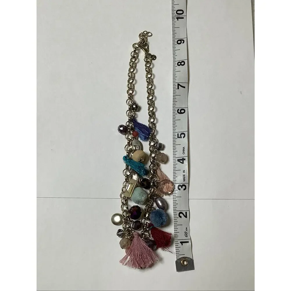 LOFT Gold Tone Chunky Chain Tassel Pom Pom Crystal Charm Necklace Boho F18-45